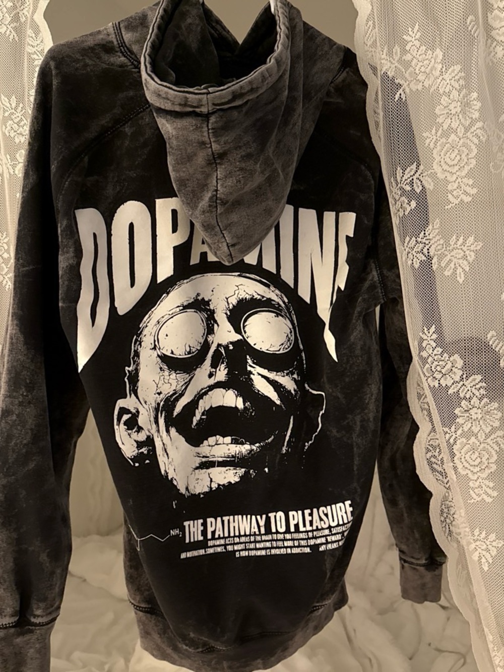 DOPAMINE Graphic Black Acid-Wash Hoodie